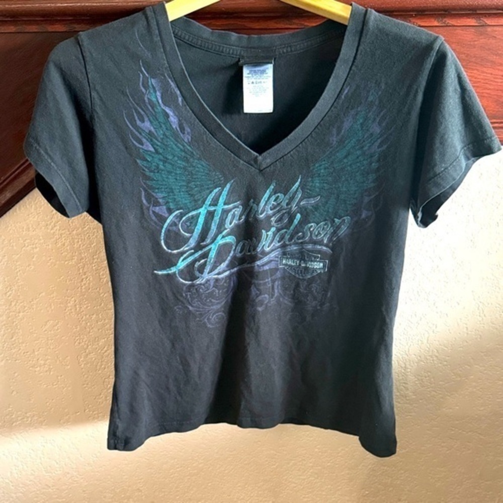 Harley-Davidson Women's Large Black Short Sleeve T-Shirt Blue Graphic Moto Tee